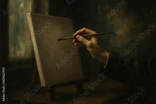 Artist's Hand Painting on Canvas, Easel, Studio