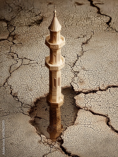 Reflective minaret rising from cracked earth illustrating minimalism and cultural identity
