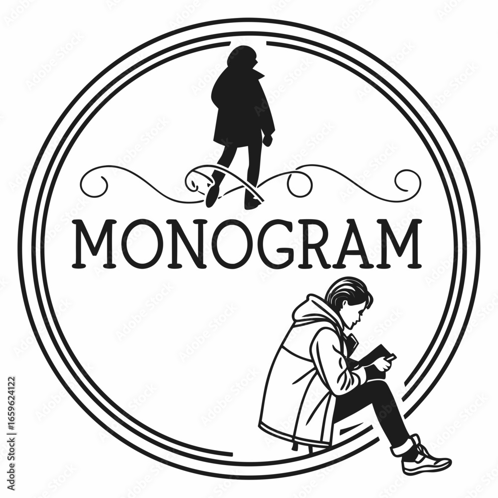 Obraz premium Vector art of monogram design with people silhouettes in a circle