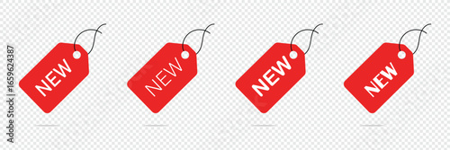 New tag stickers, shopping labels icon, New arrival stickers and labels flat icon kit. Isolated red retail ribbons for promotion vector illustration collection. Discount and price. Vector illustration