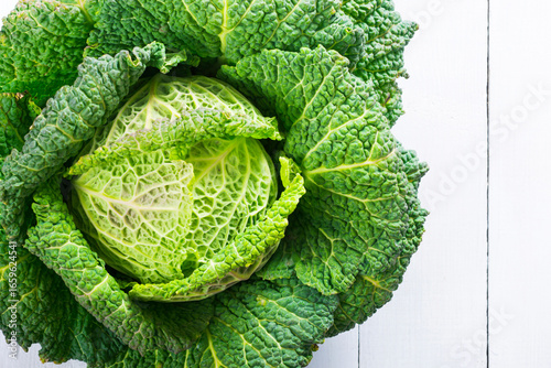 savoy cabbage from organic grower farm, on white wood table