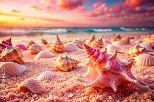 Retro travel postcard:  Pink sand beach, conch shells, idyllic Bahamas.