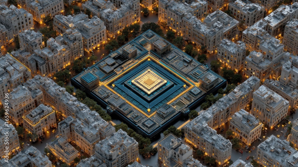 Obraz premium Aerial view of a modern architectural structure surrounded by urban buildings at dusk