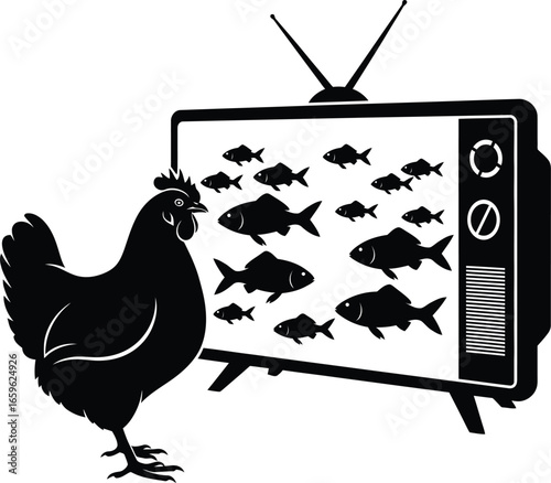 Feathered Audience: A black and white vector illustration featuring a chicken intently watching a vintage television screen filled with swimming fish, a humorous and conceptual image.