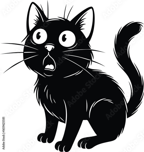 Shocked Black Cat Vector: A startled cartoon black kitten with wide, expressive eyes and an open mouth in a clean black and white illustration, conveying surprise or fright.