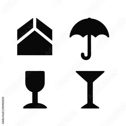 Packaging symbols representing keep dry, handle with care, and fragility indicators