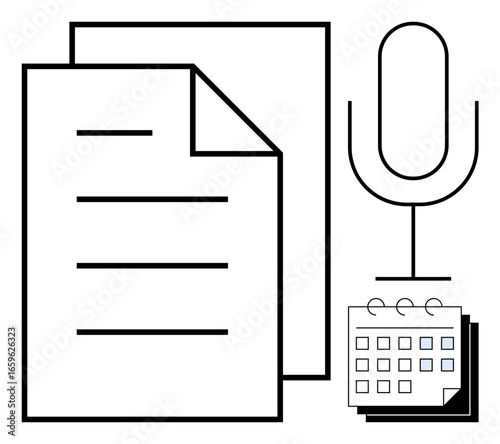 Paper sheets, microphone, and calendar highlight productivity tools. Ideal for planning, content creation, organization, time management, podcasting scheduling and efficiency. Minimalist flat