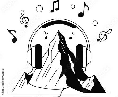 Mountain Music: A dynamic black and white vector illustration of a mountain wearing headphones, surrounded by floating musical notes and treble clefs, blending nature and sound.