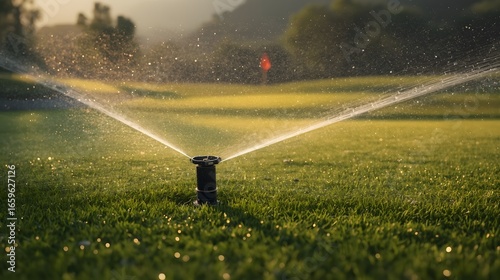 golf course irrigation system with water mist and rainbow effect in morning light