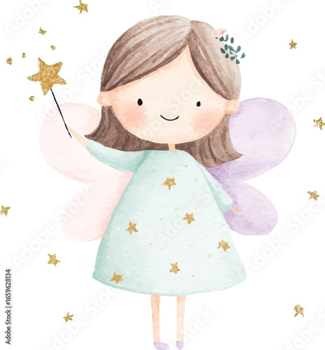 Adorable Watercolor Fairy Girl with Magic Wand Cute Fantasy Illustration.