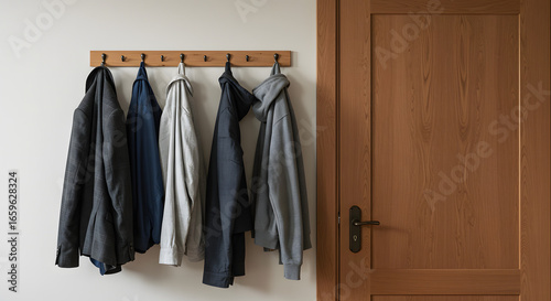 Organized Jackets Hanging on a Wall-Mounted Rack Beside a Wooden Door in a Home Interior