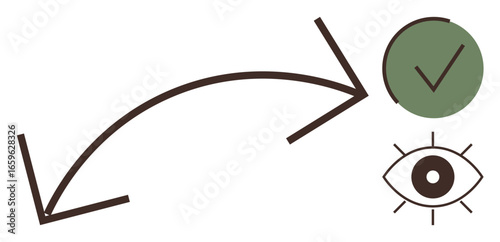 An arrow links an eye with a green checkmark to symbolize vision, direction, achievement, or decision-making flow. Ideal for success, strategy, clarity, focus, goal achievement guidance