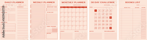 Minimalist red personal planner pages template set. Daily, weekly, monthly, tracker challenge and books list plan notepad format A4