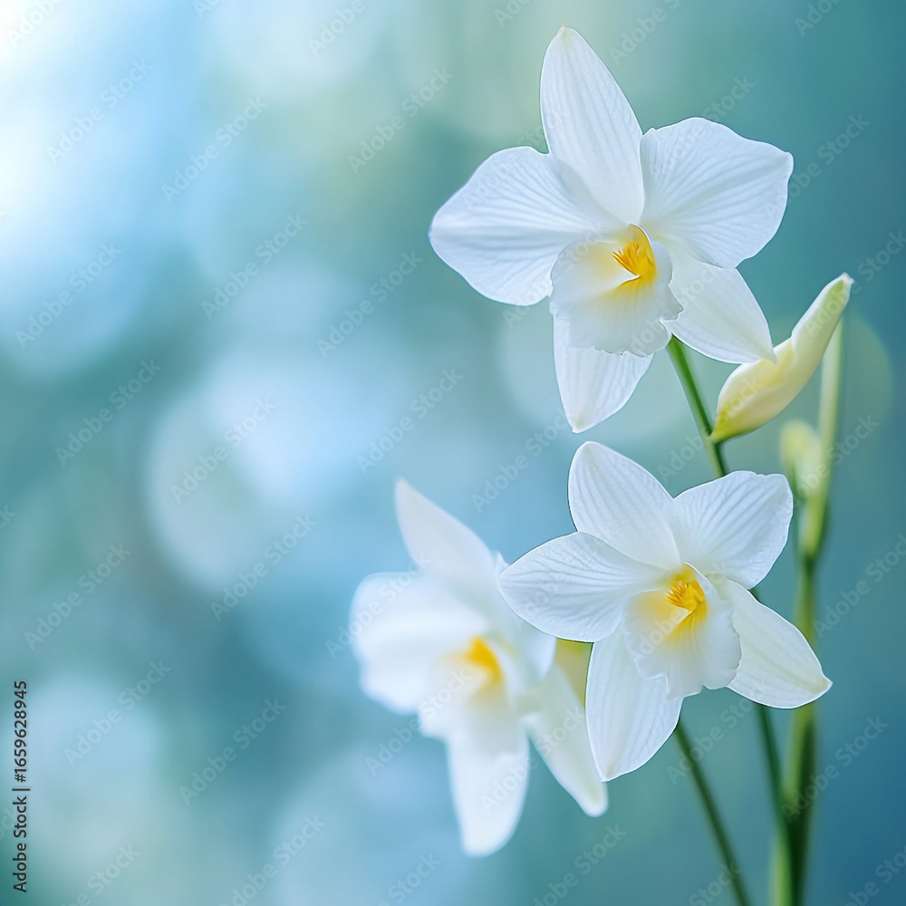 Fototapeta premium Delicate white orchids with yellow centers on a soft blue bokeh background flower
