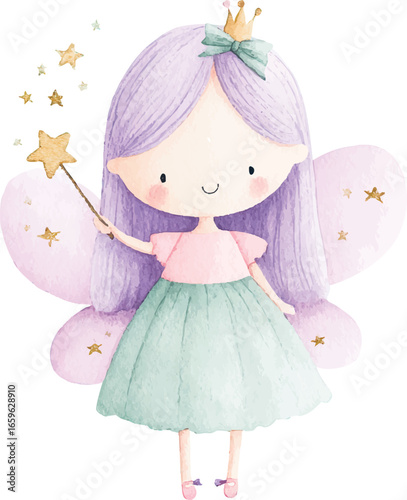 Adorable Watercolor Fairy Princess Magical Girl Illustration.