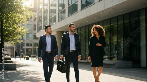 Three business professionals, two men and one woman, walk together outside a modern office building on a sunny day, discussing business