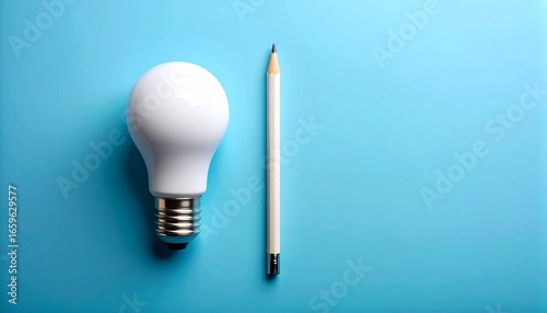A pencil and a light bulb placed side by side on a vibrant blue background