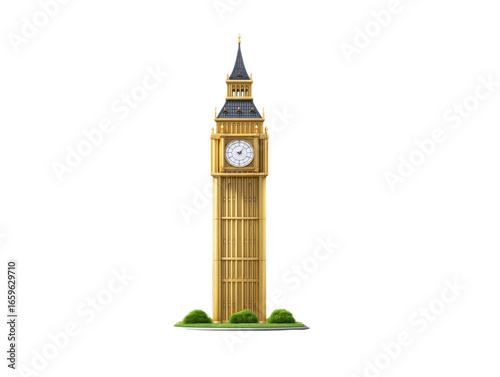 Clock tower London landmark famous building historical architecture gold color isolated travel destination British culture iconic structure green bush clock tower stands tall with gold color