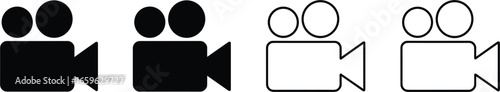 Video camera icons, film recorder symbols, black and outline styles, multimedia equipment vector, filmmaking tools for creative media projectso