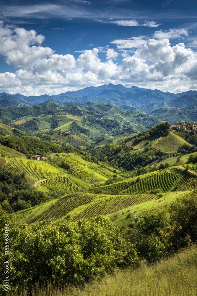Fototapeta premium Rolling Hills And Lush Terraced Fields Under Sunny Sky