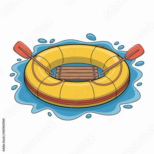 Cartoon Inflatable Raft Adventure on Blue Water with Paddles for Summer Fun and Recreational Activities illustration