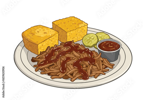 A classic American barbecue meal with pulled pork, cornbread, pickles, and a side of dipping sauce on a plate.