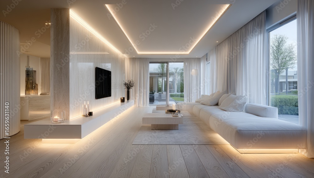 Fototapeta premium Modern minimalist living room with warm lighting