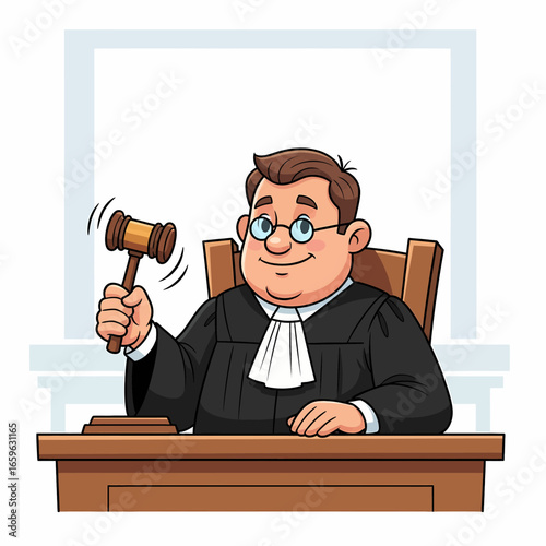Cheerful cartoon judge in a black robe sits at a desk, holding a gavel, ready to deliver a verdict