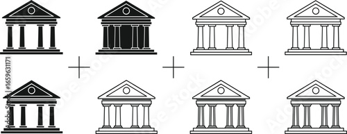 Classic bank building icons, courthouse and government architecture symbols, financial institution vector set, black and white flat vector illustrationClassic