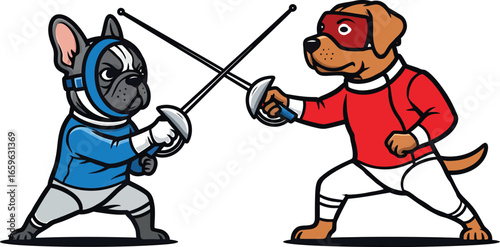 illustration of a French Bulldog and a Labrador Retriever dressed as fencers