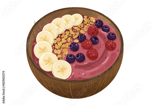 An illustrated acai smoothie bowl in a coconut shell, topped with sliced bananas, granola, blueberries, and raspberries on a white background.