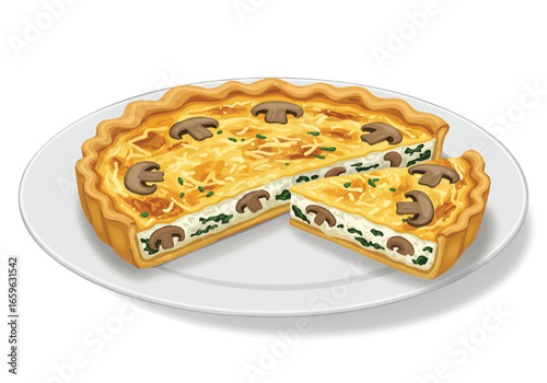 A freshly baked mushroom and spinach quiche with a golden crust, served on a white plate with a slice cut out.