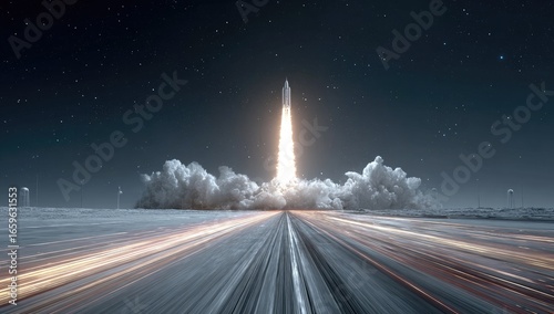 Rocket launch at night, streaked road