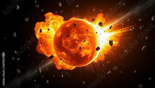 An explosion in space with a fiery planet, debris, and bright flames.