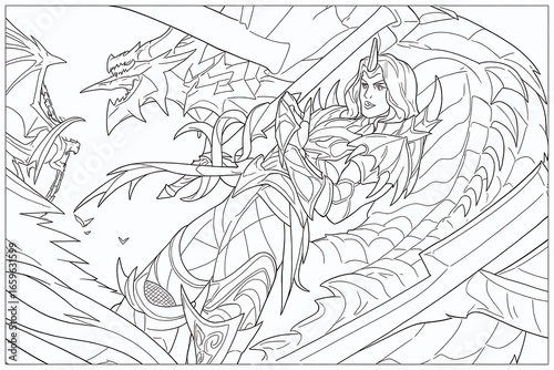 Tablou pe pânză Charming Knight Defeating Dragon Coloring Page – Line Art Illustration