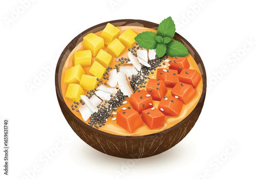 A tropical smoothie bowl in a coconut shell, topped with diced mango, papaya, coconut flakes, chia seeds, and fresh mint.