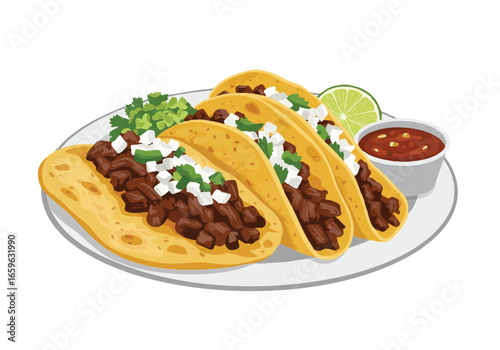 A plate of four delicious street-style tacos with seasoned meat, topped with diced onions and fresh cilantro, served with a side of salsa and a lime wedge.