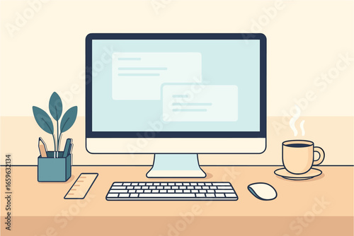 Modern desktop computer setup with keyboard, mouse, plant, ruler, and steaming coffee cup on a light desk.