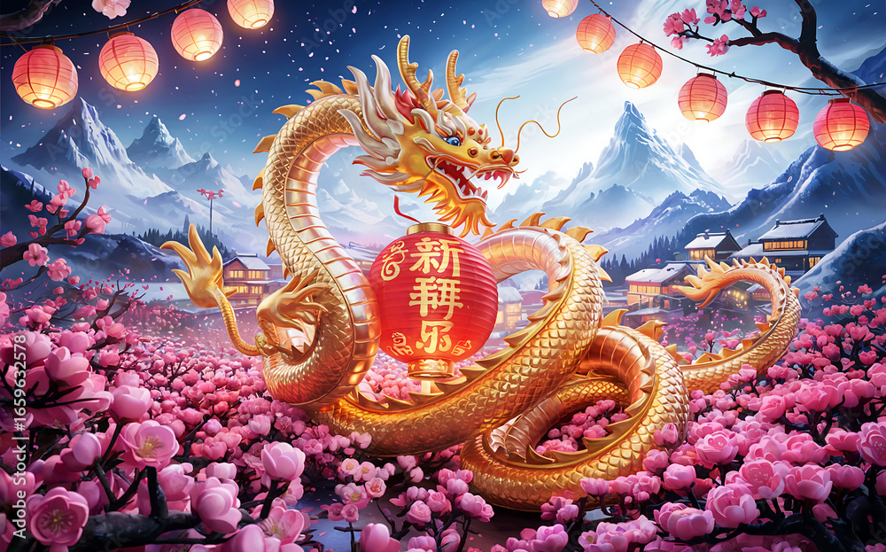 Fototapeta premium A vibrant digital painting celebrating Chinese New Year features a majestic golden dragon winding through a field of blooming cherry blossoms. The dragon’s scales shimmer with intricate patterns, its 