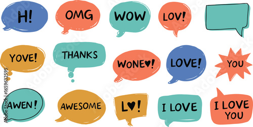 Colorful word bubbles bursting with positive expressions like thanks, awesome, and overflowing love