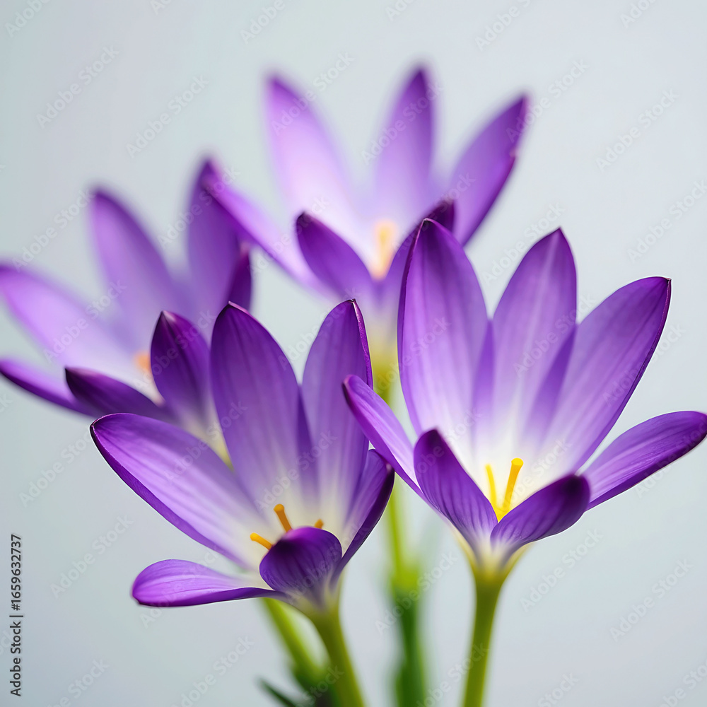 Fototapeta premium Vibrant Purple Flowers with Delicate Petal Gradients Contrasting Elegantly Against a Gentle Gray Backdrop 