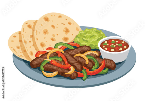 A delicious plate of beef fajitas with colorful bell peppers, warm tortillas, fresh guacamole, and salsa, isolated on a white background.