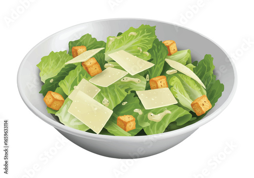 A fresh Caesar salad with romaine lettuce, croutons, and shaved parmesan cheese in a white bowl.