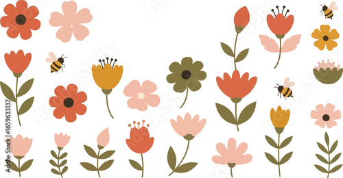 Wallpaper Mural Delicate spring flower collection with blossoms and bumblebees adding a touch of whimsy, nature's beauty Torontodigital.ca