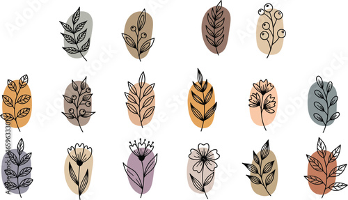 Artistic botanical collection featuring foliage, delicate line work, and organic color washes for designs