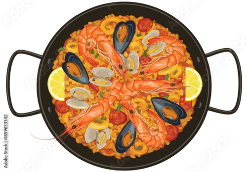 An overhead illustration of a traditional Spanish seafood paella in a black pan, garnished with prawns, mussels, clams, and lemon wedges.
