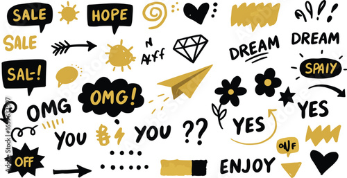 Artistic hand drawn doodles and inspirational words creating a charming fun scrapbook design