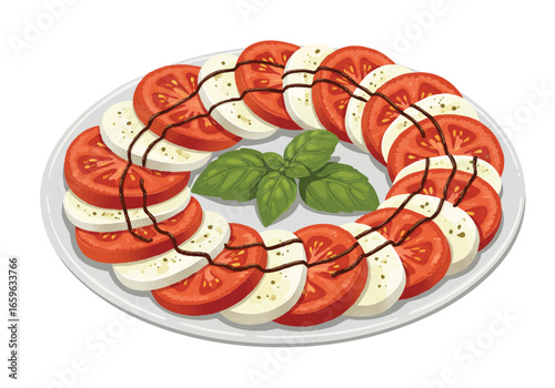 A classic Italian Caprese salad with fresh tomatoes, mozzarella, and basil, drizzled with balsamic glaze and served on a white plate.