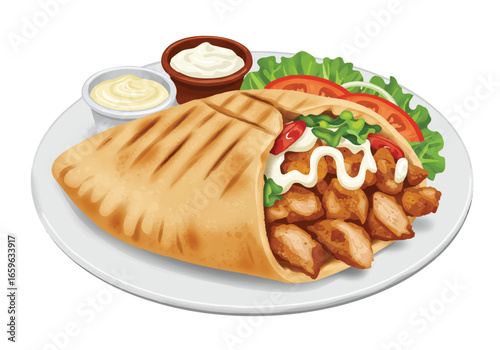 A delicious grilled chicken shawarma wrap in pita bread served on a plate with salad and dipping sauces.