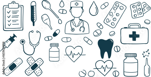 Medical care equipment for emergency healthcare, doctors, and first aid supplies in hand drawn style